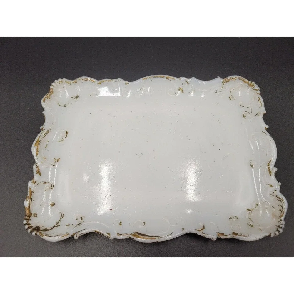 ATQ Milk Glass Vanity Tray Powder Trinket Box Victorian #513 Gold Tone Trim